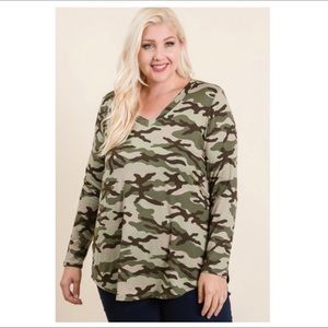 Plus Camouflage Print Long Sleeve Top